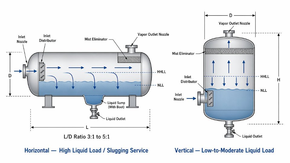 Engineering diagram comparing horizontal and vertical acid gas knock-out drum orientations, showing vapor flow paths, liquid sump locations, and key dimensional labels