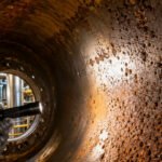 Severe pitting and rust corrosion on the interior wall of an industrial chemical pressure vessel during inspection