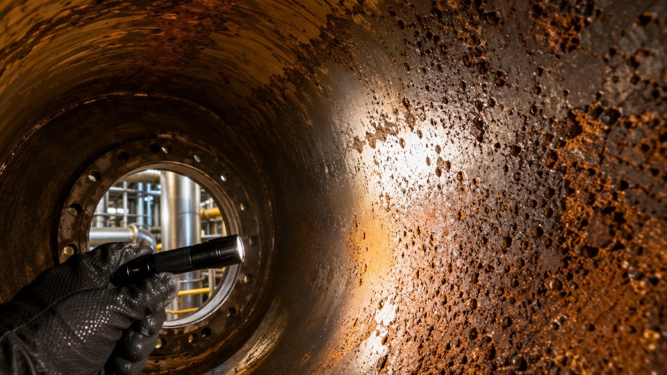 Severe pitting and rust corrosion on the interior wall of an industrial chemical pressure vessel during inspection