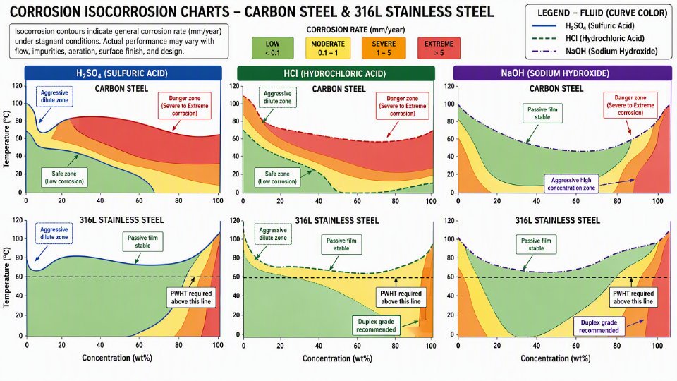 Engineering diagram showing corrosion rate curves for sulfuric acid, hydrochloric acid, and caustic soda plotted against temperature and concentration for carbon steel and stainless steel grades
