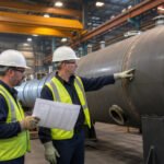Engineers reviewing technical datasheets and drawings beside a large custom pressure vessel in an industrial fabrication shop