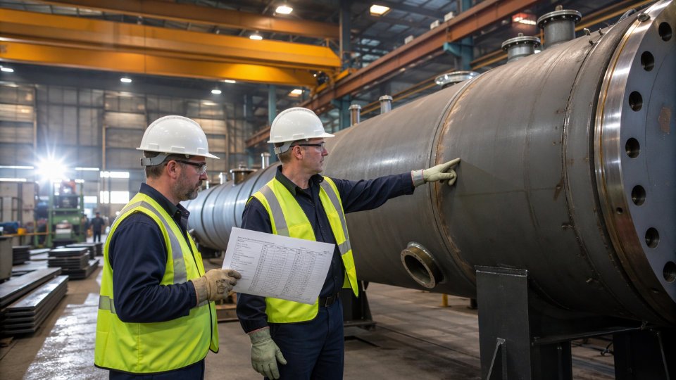 Engineers reviewing technical datasheets and drawings beside a large custom pressure vessel in an industrial fabrication shop