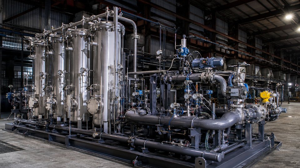Industrial fuel gas conditioning skid with coalescing filters, pressure regulators, and control valves installed in a petrochemical plant