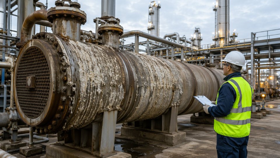 Large industrial shell-and-tube heat exchanger in a refinery showing signs of fouling and external corrosion during inspection