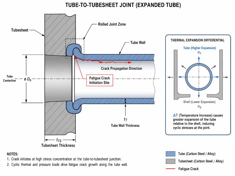 Engineering cross-section diagram showing fatigue crack propagation at a tube-to-tubesheet joint in a shell-and-tube heat exchanger