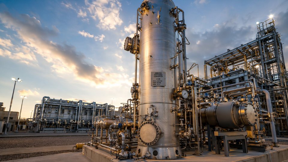 Large-scale green ammonia synthesis plant with high-pressure converter vessels, heat exchangers, and piping under industrial lighting