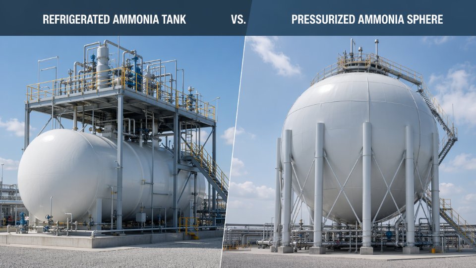 hydrogen-ammonia-project-equipment-decarbonization-06-refrigerated-ammonia-tank-vs-pressurized-sphere-comparison-diagram