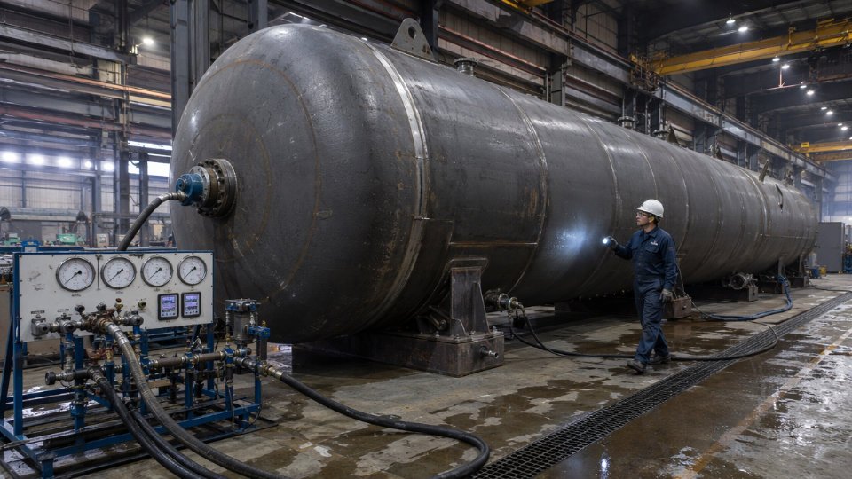 Industrial pressure vessel undergoing hydrostatic testing in a fabrication shop, with water-filled vessel, pressure gauges, and an inspector checking weld seams