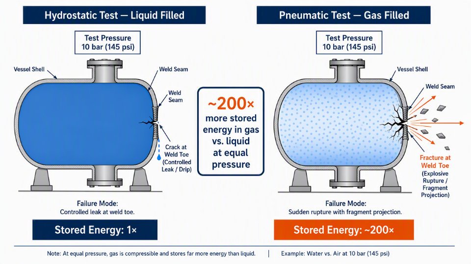 Side-by-side flat vector diagram comparing stored energy in a liquid-filled vessel during hydrostatic test versus a gas-filled vessel during pneumatic test, with energy ratio callout of approximately 200x
