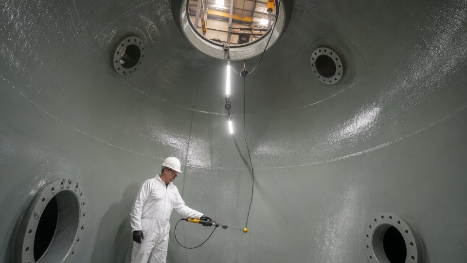 Interior view of a large carbon steel storage tank showing a cured glass-flake epoxy lining with inspection lighting