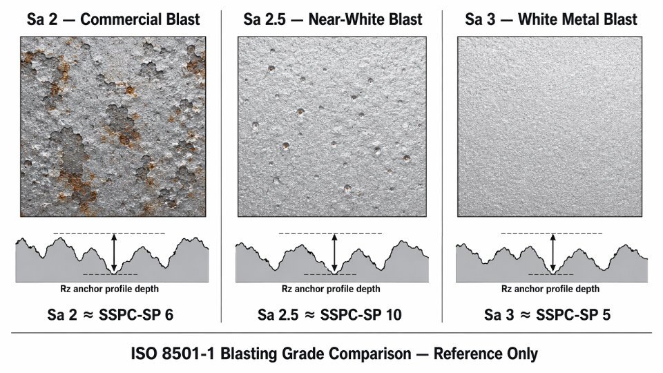 Side-by-side engineering diagram comparing ISO 8501-1 abrasive blast cleanliness grades Sa 2, Sa 2.5, and Sa 3 with surface cross-section detail