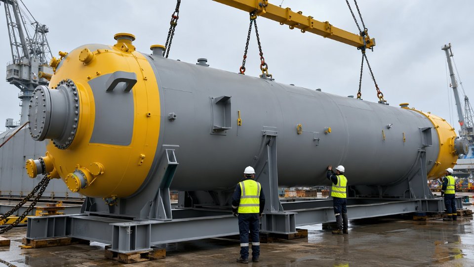 Large horizontal pressure vessel on heavy-lift transport frame at an industrial export facility, prepared for ocean freight