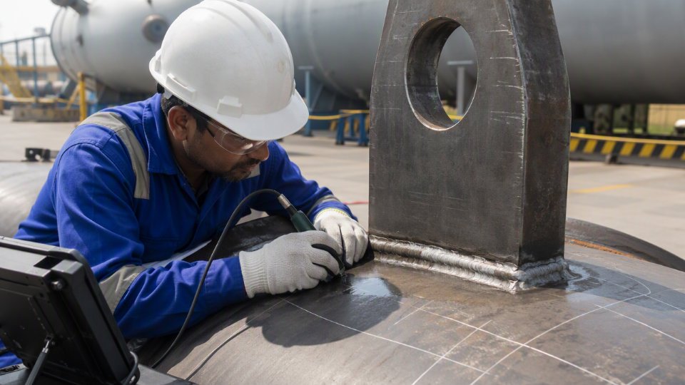 large-pressure-vessel-export-shipping-preparation-01-lift-lug-weld-nde-inspection-at-fabrication-yard