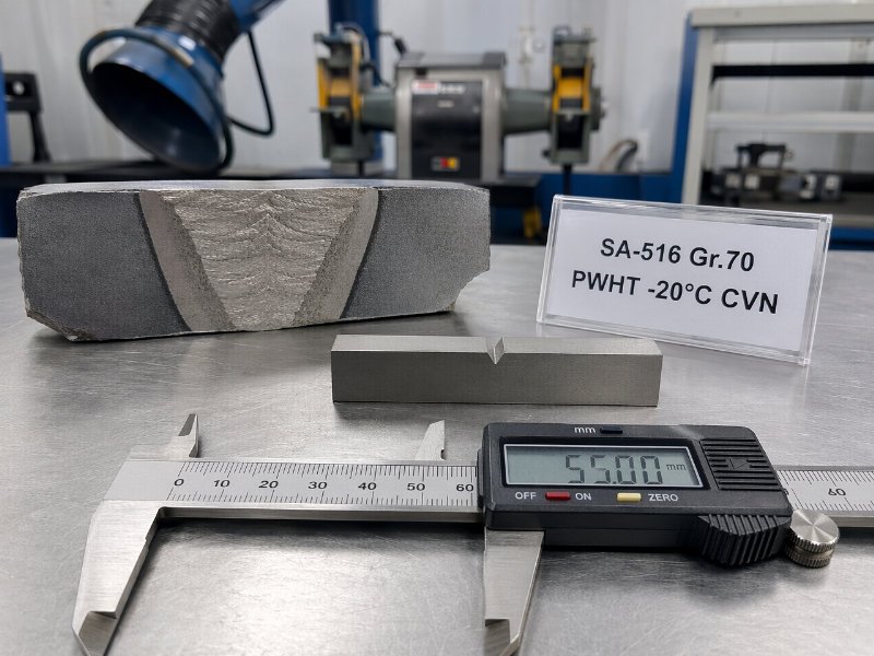 Carbon steel weld cross-section specimen prepared for Charpy V-notch impact testing in a pressure vessel fabrication workshop