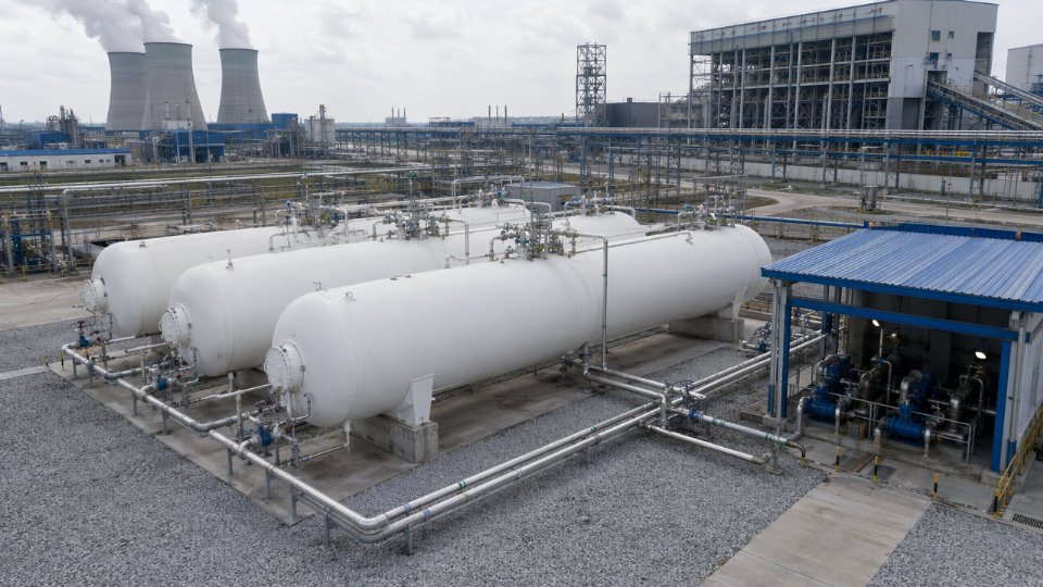 Aerial view of a fertilizer plant liquid ammonia storage facility showing horizontal bullet tanks and transfer pipework