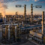 Aerial view of naphtha cracker complex showing transfer line exchangers, quench towers, and associated process vessels at dusk