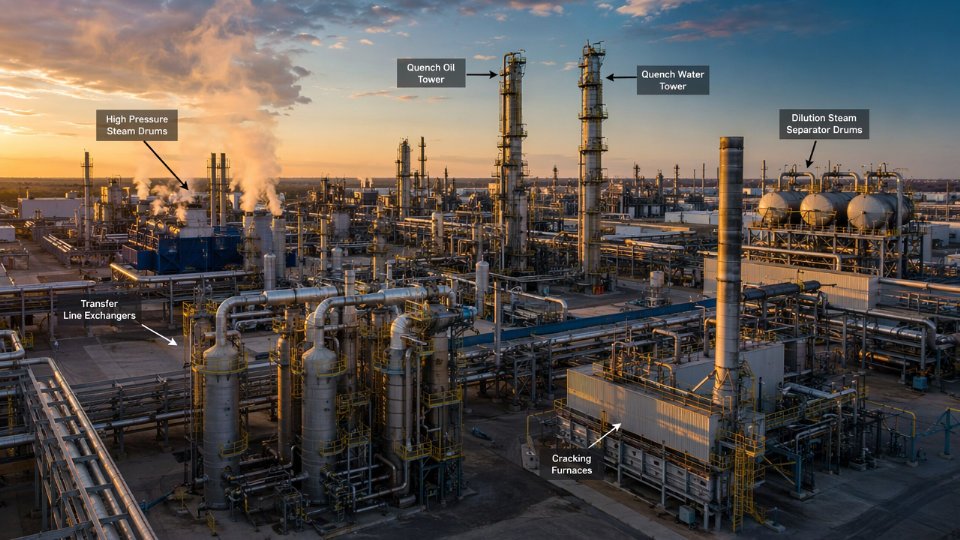 Aerial view of naphtha cracker complex showing transfer line exchangers, quench towers, and associated process vessels at dusk