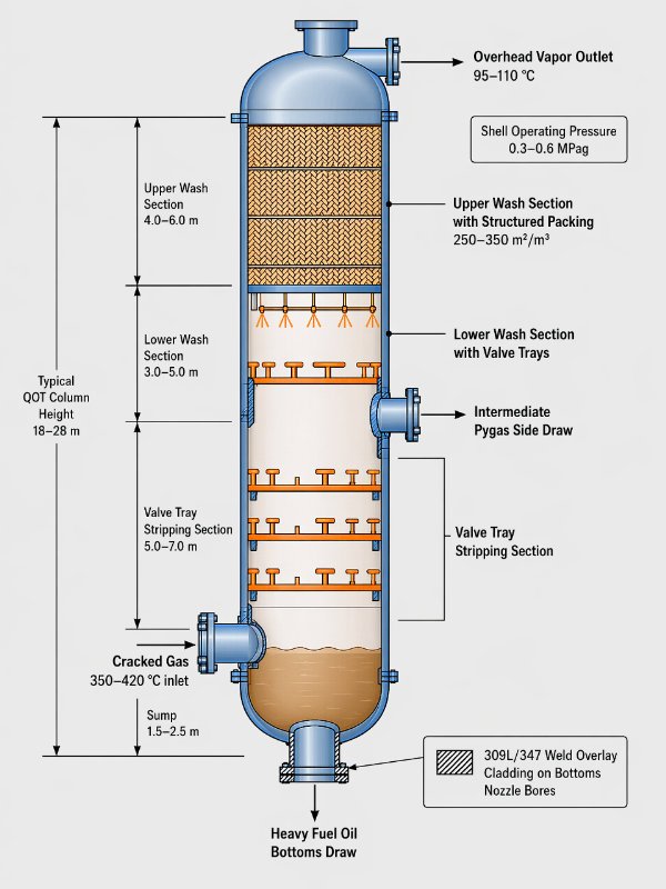 Engineering cross-section diagram of a quench oil tower showing structured packing wash section, valve trays, cracked gas inlet, heavy fuel oil bottoms draw, and pygas side draw