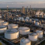 Aerial view of an integrated refinery-petrochemical complex showing offsite storage tanks, cooling towers, and utility infrastructure