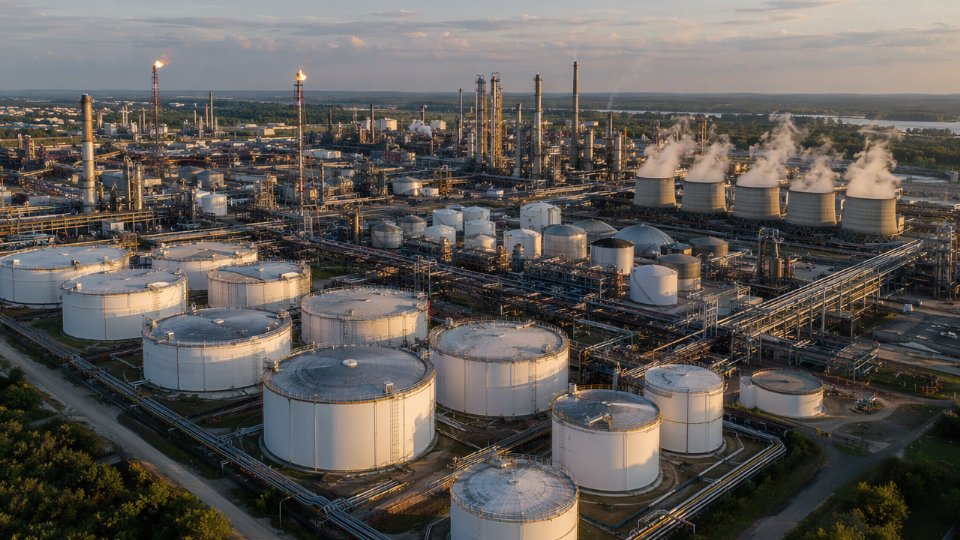 Aerial view of an integrated refinery-petrochemical complex showing offsite storage tanks, cooling towers, and utility infrastructure