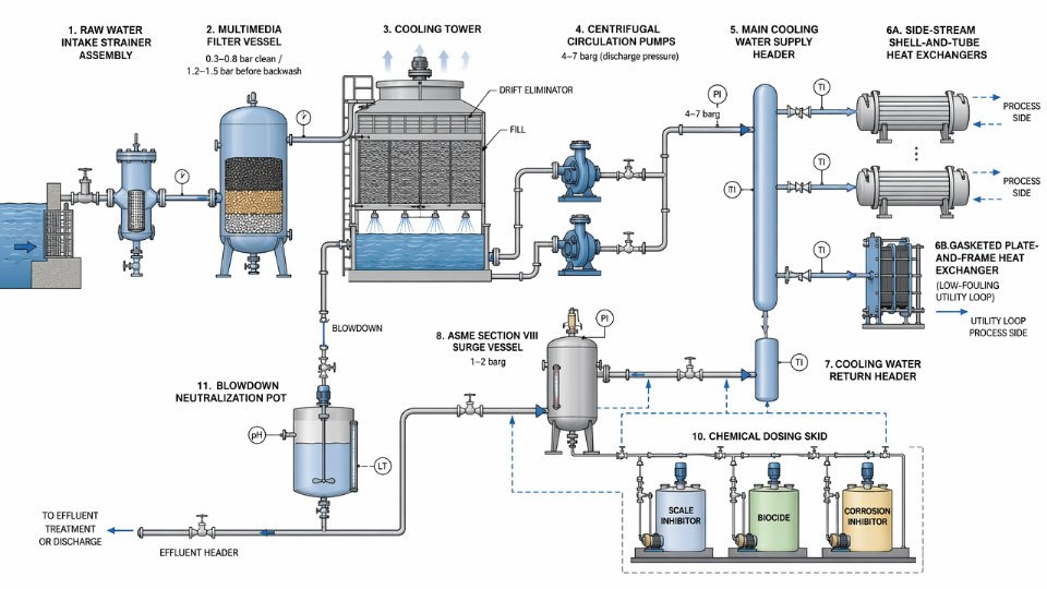 Engineering flow diagram of a complete industrial cooling water circuit showing makeup intake, multimedia filters, cooling tower, circulation pumps, shell-and-tube heat exchangers, chemical dosing vessels, surge tank, and blowdown neutralization