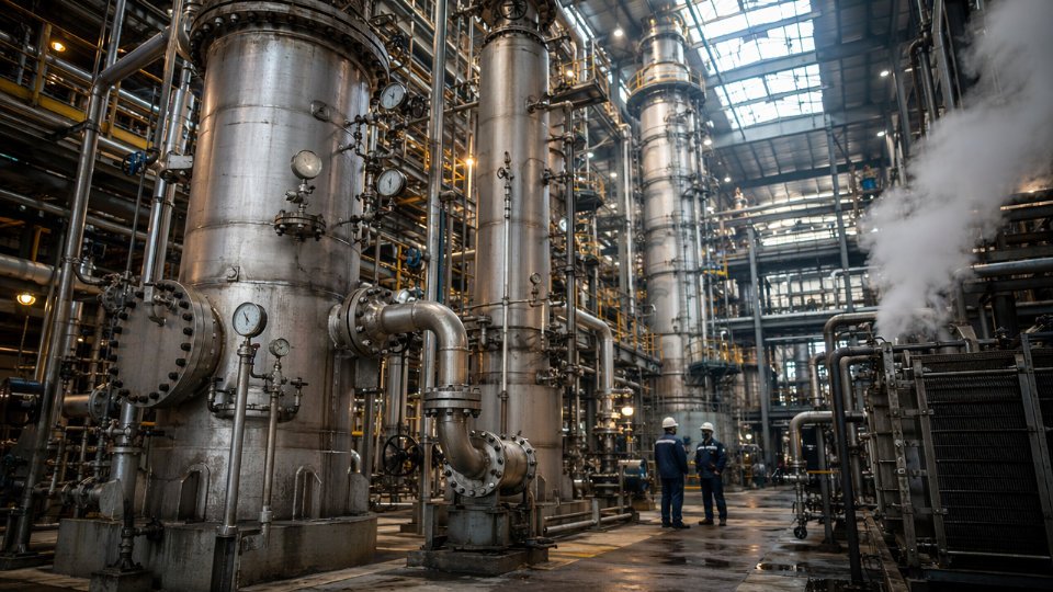 Large pressure vessels and reactors in an active chemical plant with piping and instrumentation