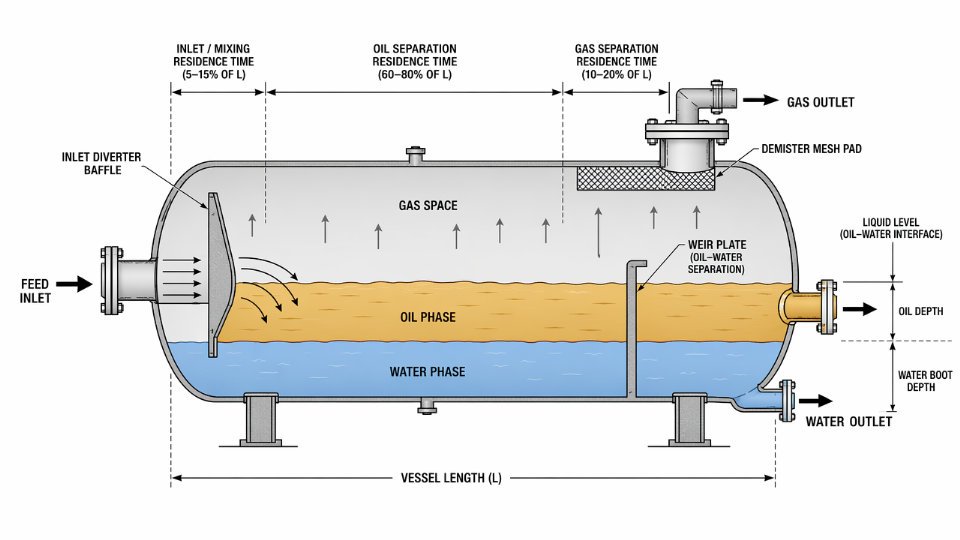 Engineering cross-section diagram of a three-phase horizontal separator showing gas, oil, and water separation zones with internal weir and demister
