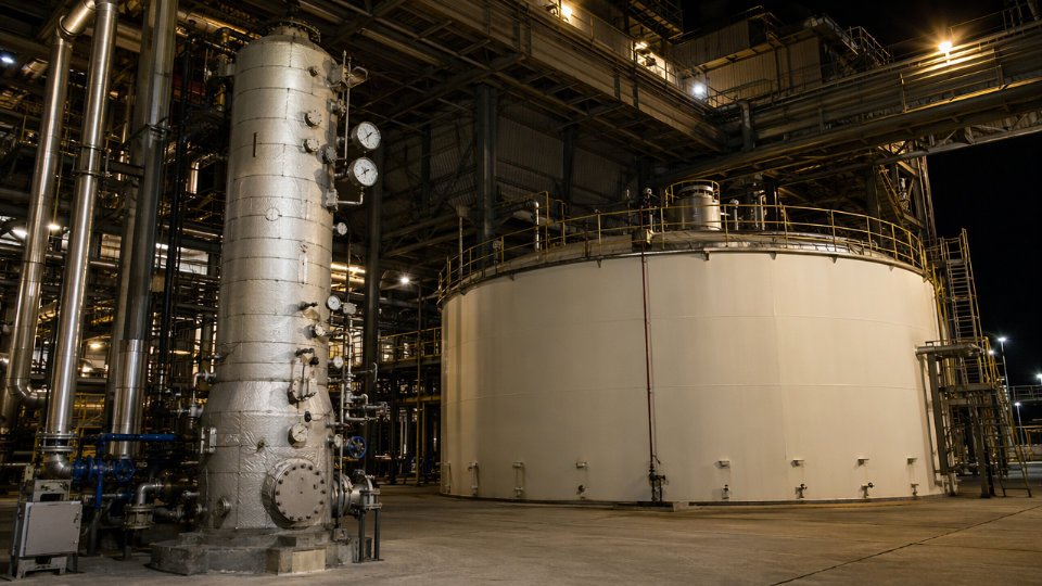 Large process vessels and storage tanks side by side inside a petrochemical plant
