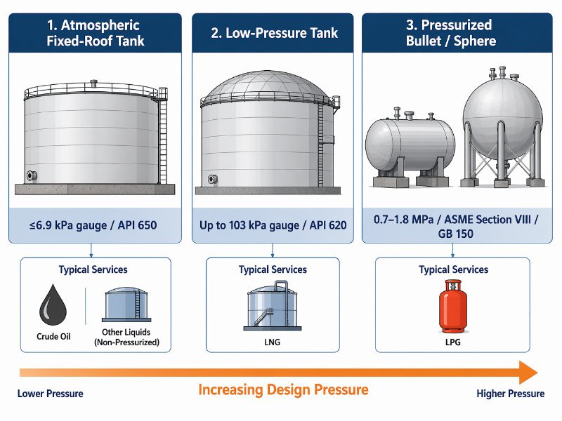 Engineering classification diagram showing the three sub-categories of storage tanks by pressure range and applicable design code