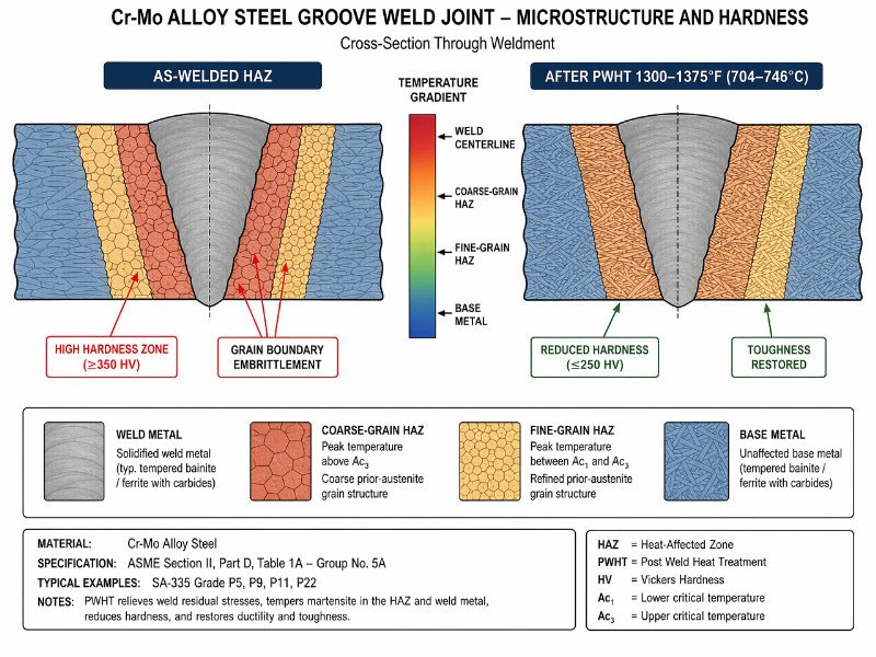 Engineering diagram comparing heat-affected zone microstructure in Cr-Mo steel before and after PWHT