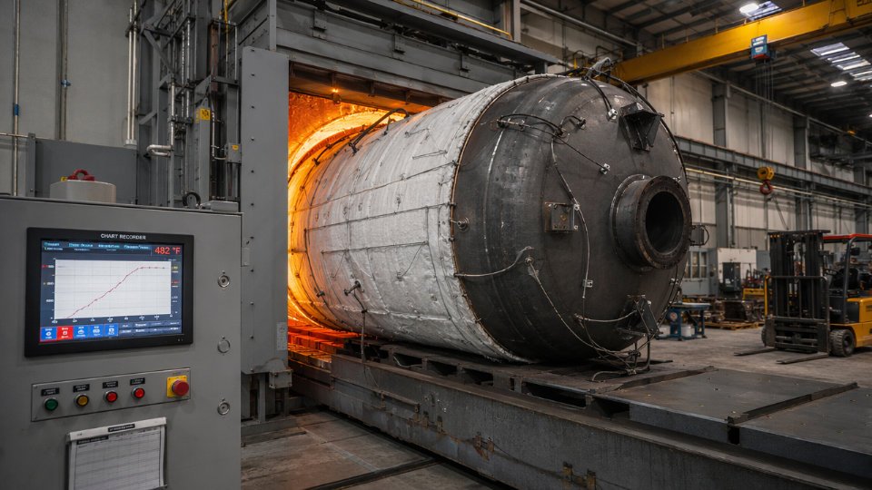 Large carbon steel pressure vessel undergoing post-weld heat treatment in an industrial furnace