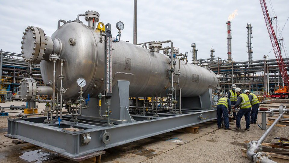 Large custom pressure vessel package on a skid at an EPC project battery limit, showing nozzle flanges, supports, and site piping crew preparing for tie-in