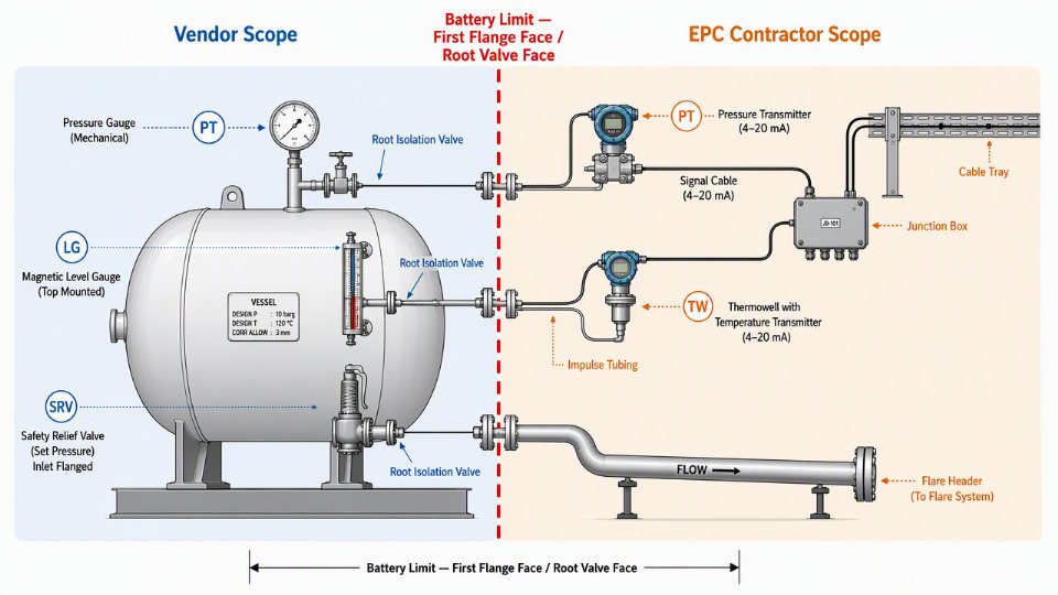 Engineering diagram showing instrument battery limit on a pressure vessel package, with vendor scope covering local gauges and root valves and EPC scope covering transmitters, signal cables, and flare header piping