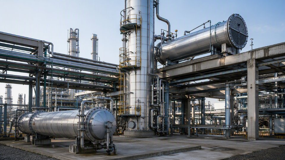 Large shell-and-tube reboiler and condenser assembly connected to a distillation column in an industrial refinery setting