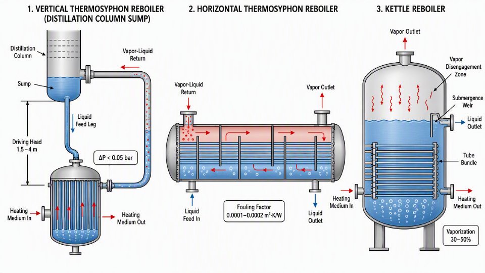 Side-by-side engineering diagram comparing vertical thermosyphon, horizontal thermosyphon, and kettle reboiler configurations with labeled flow paths and key design parameters