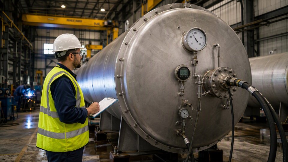 EPC inspector witnessing hydrostatic pressure testing of a large pressure vessel in a heavy fabrication shop
