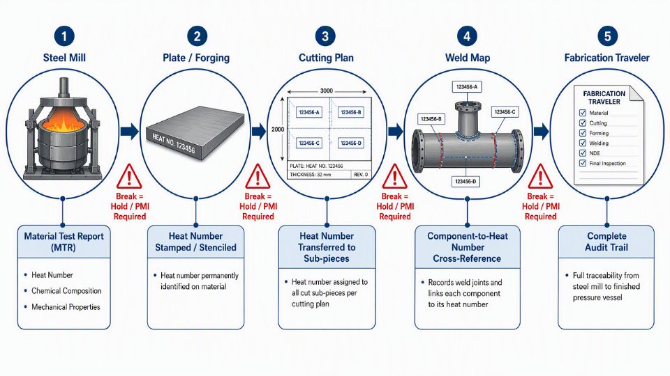 Flow diagram showing the material traceability chain from steel mill certificate through plate marking to fabrication traveler for ASME pressure vessels