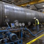 Industrial pressure vessel undergoing hydrostatic testing in a fabrication workshop, with water fill lines and pressure gauges visible
