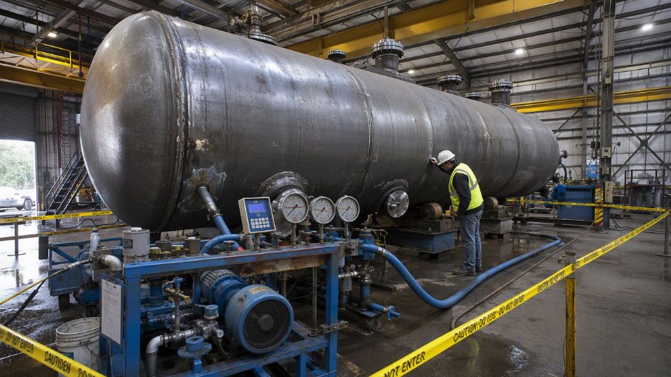 Industrial pressure vessel undergoing hydrostatic testing in a fabrication workshop, with water fill lines and pressure gauges visible