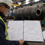 Open pressure vessel manufacturing data book binder with mill test certificates and weld maps spread on an inspection desk beside a large fabricated pressure vessel