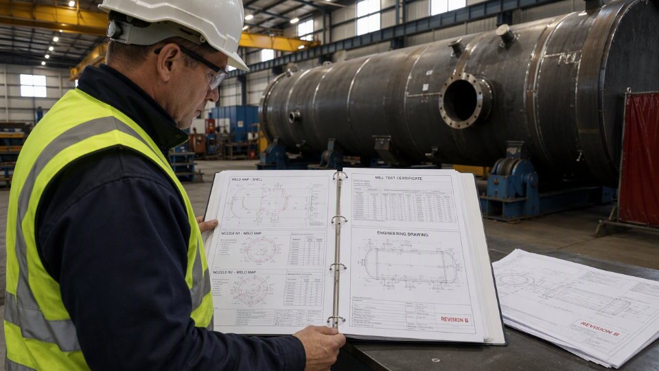 Open pressure vessel manufacturing data book binder with mill test certificates and weld maps spread on an inspection desk beside a large fabricated pressure vessel