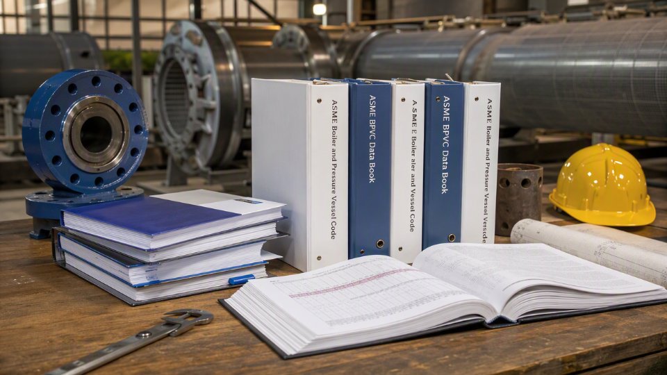 pressure-vessel-manufacturing-data-book-11-faq-document-review-desk-with-asme-code-books-and-data-book-binders