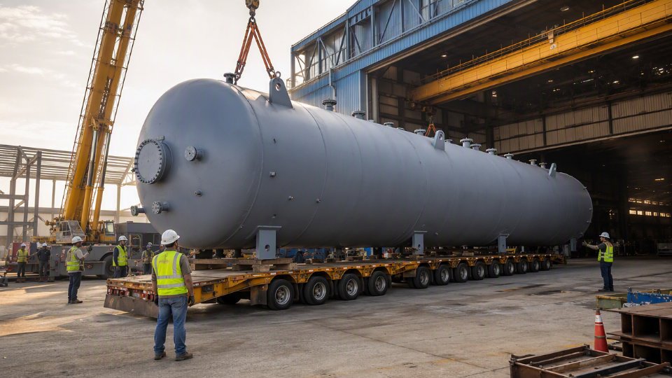 Large shop-fabricated pressure vessel being loaded onto a heavy-transport trailer at an industrial fabrication facility