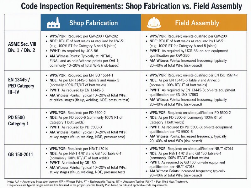 Side-by-side comparison table of pressure vessel code inspection requirements for shop fabrication versus field assembly across ASME, EN 13445, and GB 150 standards