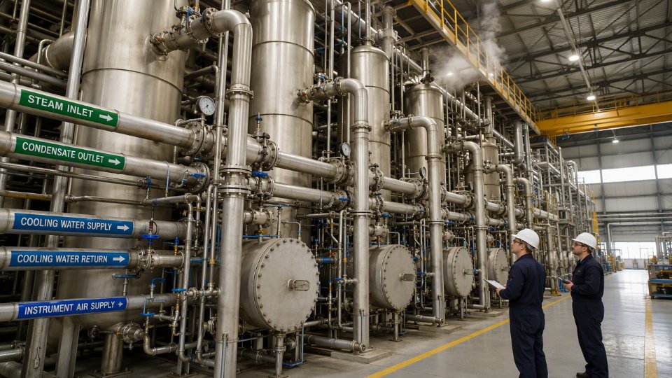 Large industrial evaporator and condenser system with steam, cooling water, and instrument air utility connections visible on the plant floor