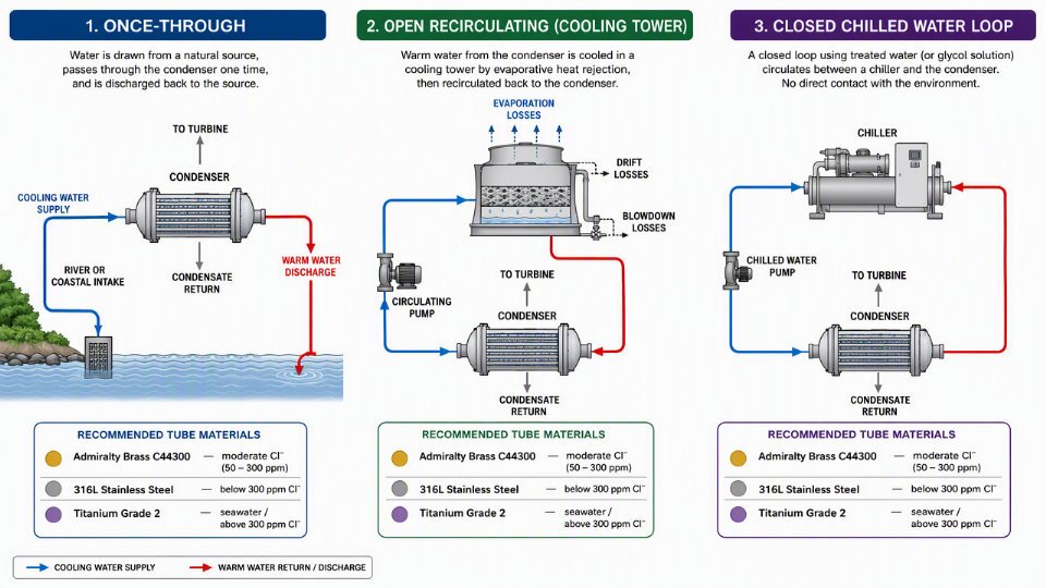 Engineering diagram comparing once-through, open recirculating cooling tower, and closed chilled water circuit types with recommended tube materials for each