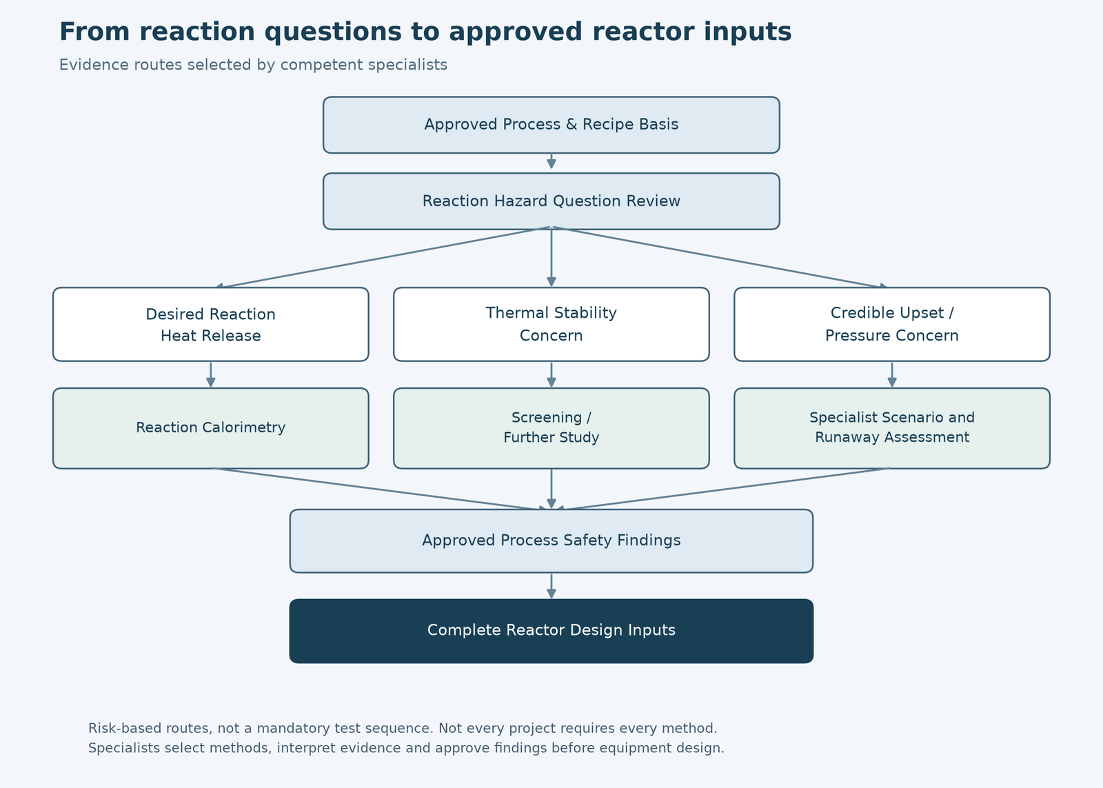Decision diagram separating desired reaction heat-release testing, thermal stability screening, and specialized abnormal-reaction assessment before full-scale batch reactor procurement.